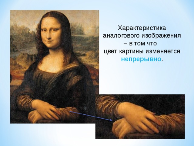 Характеристика аналогового изображения – в том что цвет картины изменяется непрерывно .