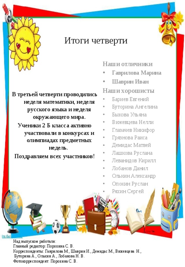Итоги четверти Наши отличники Гаврилова Марина Шаврин Иван Наши хорошисты Бариев Евгений Буторина Ангелина Быкова Ульяна Вижевцева Нелли Глазачев Никифор Грязнова Раиса Демидас Матвей Лашкова Руслана Леванидов Кирилл Лобанов Данил Олькин Александр Опокин Руслан Ряхин Сергей В третьей четверти проводились неделя математики, неделя русского языка и неделя окружающего мира. Ученики 2 Б класса активно участвовали в конкурсах и олимпиадах предметных недель. Поздравляем всех участников! Над выпуском работали:  Главный редактор: Порохина С. В.  Корреспонденты: Гаврилова М., Шаврин И., Демидас М., Вижевцева Н.,  Буторина А., Олькин А., Лобанова Н. В.  Фотокорреспондент: Порохина С. В. 