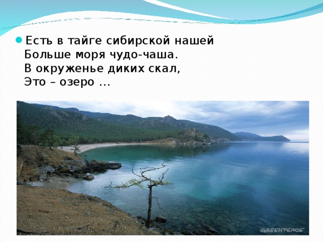 Есть в тайге сибирской нашей  Больше моря чудо-чаша.  В окруженье диких скал,  Это – озеро … 