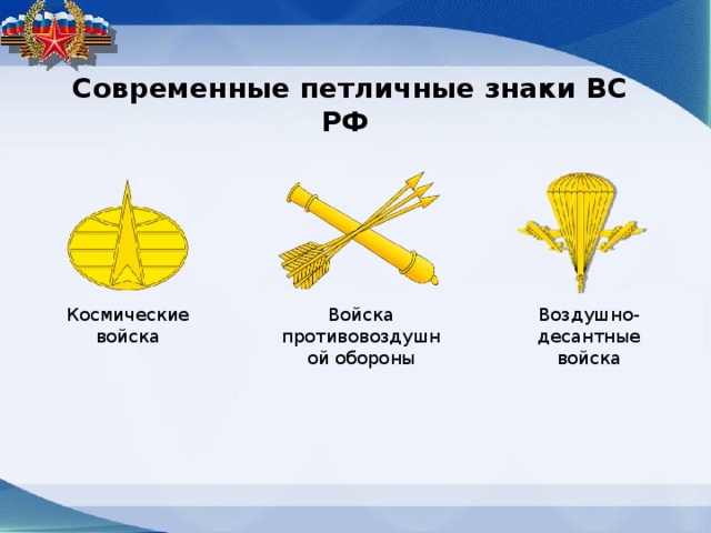 Современные петличные знаки ВС РФ Космические войска Войска противовоздушной обороны Воздушно-десантные войска 