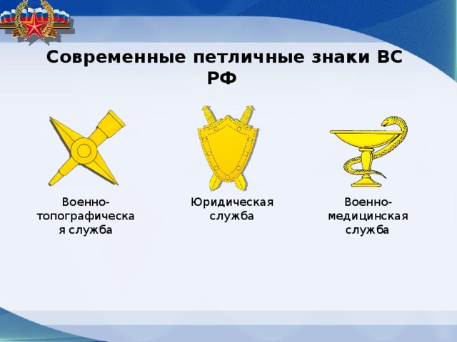 Современные петличные знаки ВС РФ Военно-топографическая служба Юридическая служба Военно-медицинская служба 