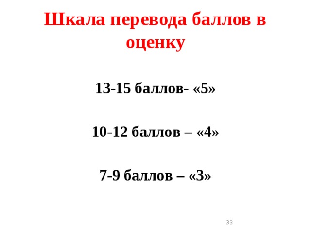 Шкала перевода баллов в оценку  13-15 баллов- «5»  10-12 баллов – «4»  7-9 баллов – «3»  