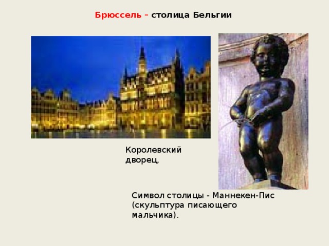 Символ столицы - Маннекен-Пис (скульптура писающего мальчика).   Брюссель – столица Бельгии  Королевский дворец, 