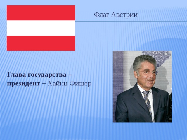 Флаг Австрии Глава государства – президент – Хайнц Фишер 