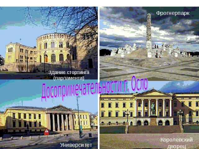 Фрогнерпарк Здание стортинга (парламента) Здание стортинга (парламента) Королевский дворец  Университет  