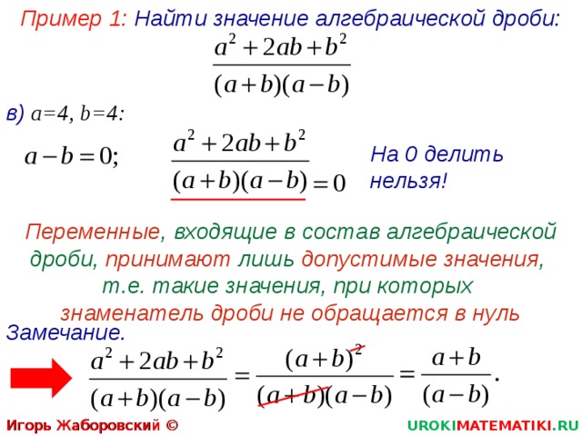 Пример 1: Найти значение алгебраической дроби: в)  а=4, b =4: На 0 делить нельзя! Переменные , входящие в состав алгебраической дроби, принимают лишь допустимые значения ,  т.е. такие значения, при которых  знаменатель дроби не обращается в нуль Замечание. Игорь Жаборовский © 2012 UROKI MATEMATIKI .RU 2 
