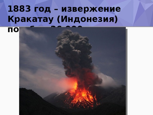 1883 год – извержение Кракатау (Индонезия) погибло 36 000 человек 