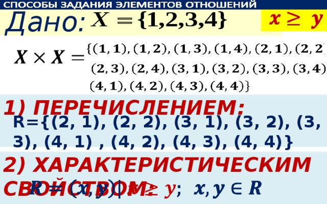 Дано:       1) ПЕРЕЧИСЛЕНИЕМ : R={(2, 1), (2, 2), (3, 1), (3, 2), (3, 3), (4, 1) , (4, 2), (4, 3), (4, 4)} 2) характеристическим свойством :   