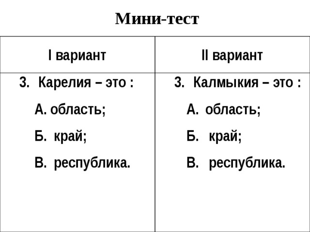  Мини-тест I вариант II вариант 3.   Карелия – это : А.  область; 3.  Калмыкия – это : Б.  край;   А.  область; В.  республика. Б.  край;   В.  республика. 
