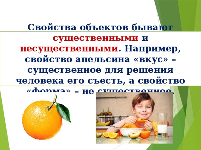 Свойства объектов бывают существенными и несущественными . Например, свойство апельсина «вкус» – существенное для решения человека его съесть, а свойство «форма» – не существенное. 