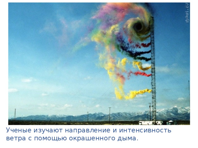 Ученые изучают направление и интенсивность ветра с помощью окрашенного дыма. 
