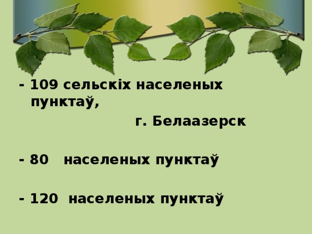  - 109 сельскіх населеных пунктаў,  г. Белаазерск  - 80 населеных пунктаў  - 120 населеных пунктаў 