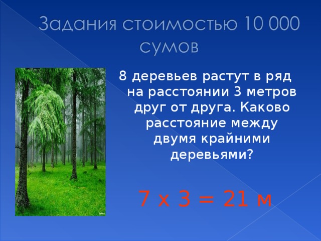 8 деревьев растут в ряд на расстоянии 3 метров друг от друга. Каково расстояние между двумя крайними деревьями? 7 х 3 = 21 м 