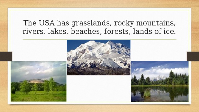 The USA has grasslands, rocky mountains, rivers, lakes, beaches, forests, lands of ice. 