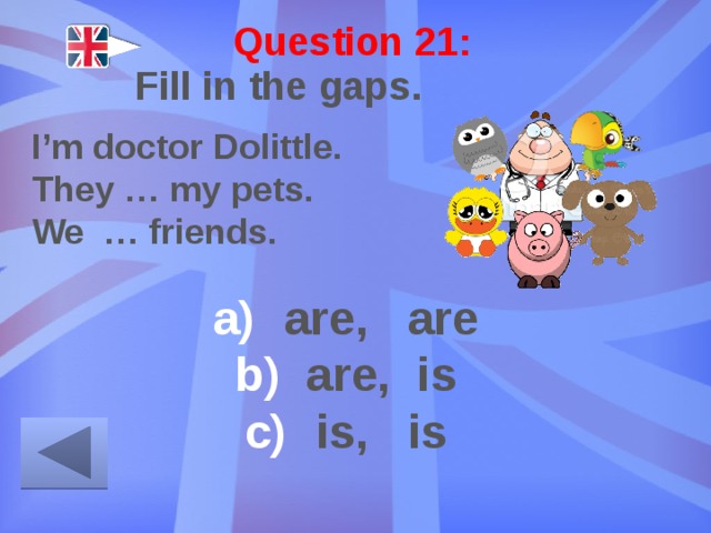 Question 21: Fill in the gaps. I’m doctor Dolittle. They … my pets. We … friends. are, are are, is is, is 