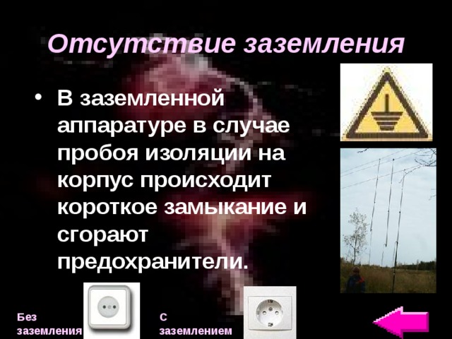 Отсутствие заземления В заземленной аппаратуре в случае пробоя изоляции на корпус происходит короткое замыкание и сгорают предохранители. Без заземления С заземлением 