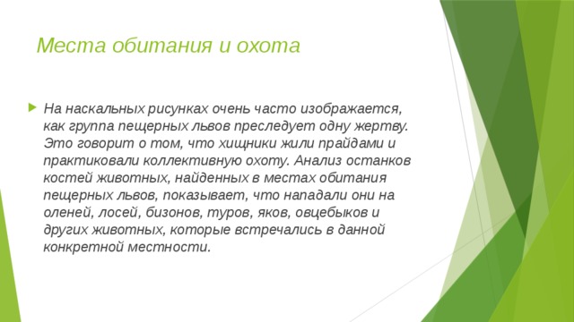 Места обитания и охота На наскальных рисунках очень часто изображается, как группа пещерных львов преследует одну жертву. Это говорит о том, что хищники жили прайдами и практиковали коллективную охоту. Анализ останков костей животных, найденных в местах обитания пещерных львов, показывает, что нападали они на оленей, лосей, бизонов, туров, яков, овцебыков и других животных, которые встречались в данной конкретной местности. 