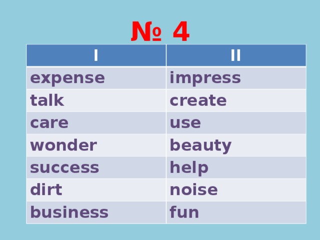 № 4 I II expense impress talk create care use wonder beauty success help dirt noise business fun 