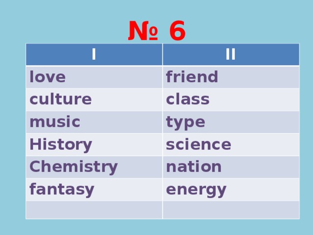 № 6 I II love friend culture class music type History science Chemistry nation fantasy energy 