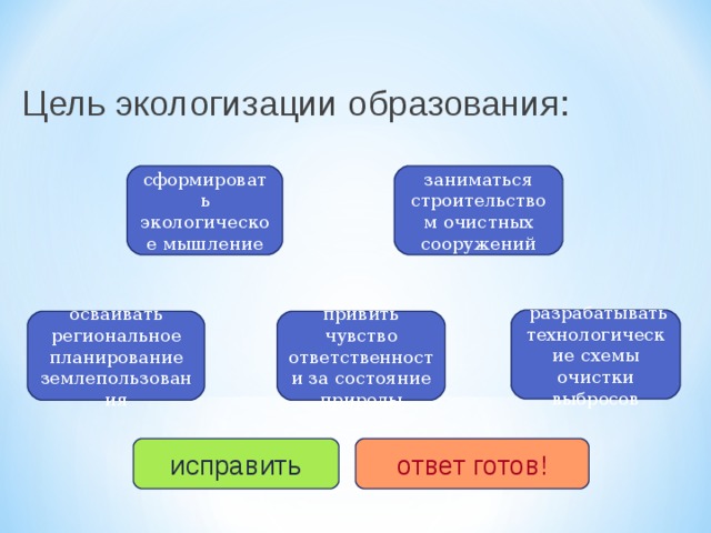 Цель экологизации образования: сформировать экологическое мышление заниматься строительством очистных сооружений   разрабатывать технологические схемы очистки выбросов привить чувство ответственности за состояние природы осваивать региональное планирование землепользования исправить ответ готов! 