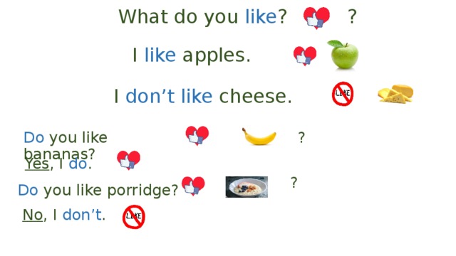 I like apples. Do you like Apples. I like Apple или i like an Apple. I don't like Apples. You like Apples.