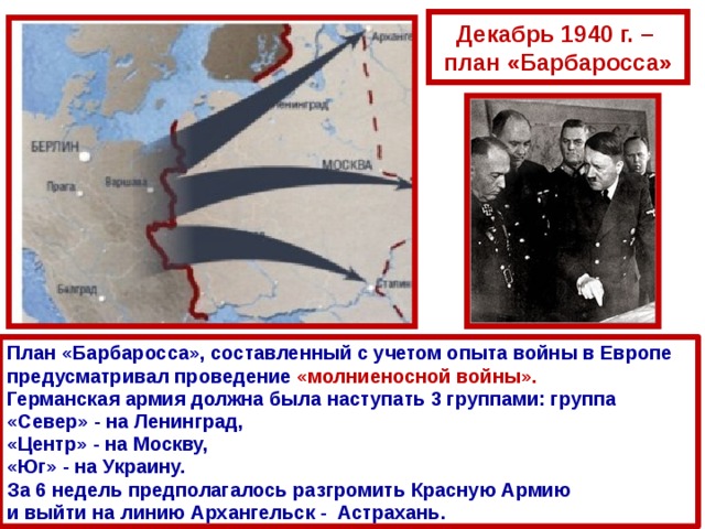 Декабрь 1940 г. – план «Барбаросса» План «Барбаросса», составленный с учетом опыта войны в Европе предусматривал проведение «молниеносной войны». Германская армия должна была наступать 3 группами: группа «Север» - на Ленинград, «Центр» - на Москву, «Юг» - на Украину. За 6 недель предполагалось разгромить Красную Армию и выйти на линию Архангельск - Астрахань. 