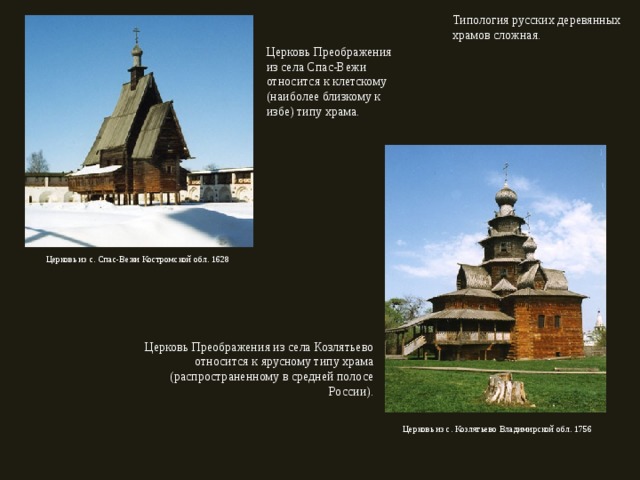 Типология русских деревянных храмов сложная. Церковь Преображения из села Спас-Вежи относится к клетскому (наиболее близкому к избе) типу храма. Церковь из с. Спас-Вежи Костромской обл. 1628 Церковь Преображения из села Козлятьево относится к ярусному типу храма (распространенному в средней полосе России). Церковь из с. Козлятьево Владимирской обл. 1756 