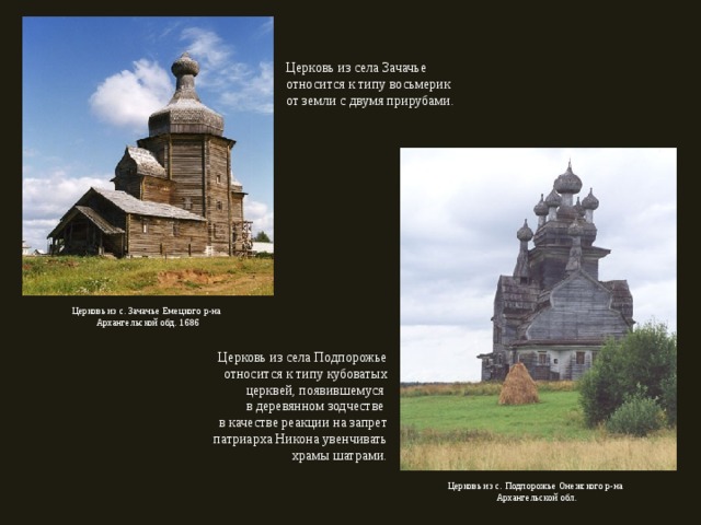 Церковь из села Зачачье относится к типу восьмерик от земли с двумя прирубами. Церковь из с. Зачачье Емецкого р-на Архангельской обд. 1686 Церковь из села Подпорожье относится к типу кубоватых церквей, появившемуся в деревянном зодчестве в качестве реакции на запрет патриарха Никона увенчивать храмы шатрами. Церковь из с. Подпорожье Онежского р-на Архангельской обл. 