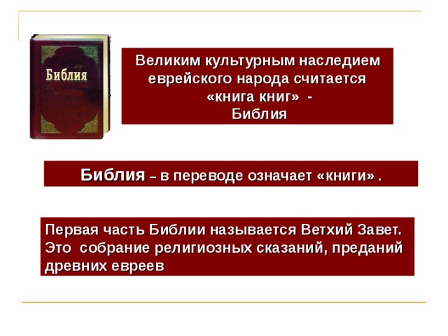 Великим культурным наследием еврейского народа считается  «книга книг» -  Библия Библия – в переводе означает «книги» . Первая часть Библии называется Ветхий Завет. Это собрание религиозных сказаний, преданий древних евреев 