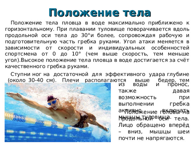 Положение тела   Положение тела пловца в воде максимально приближено к горизонтальному. При плавании туловище поворачивается вдоль продольной оси тела до 30°и более, сопровождая рабочую и подготовительную часть гребка руками. Угол атаки меняется в зависимости от скорости и индивидуальных особенностей спортсмена от 0 до 10° (чем выше скорость, тем меньше угол).Высокое положение тела пловца в воде достигается за счёт качественного гребка руками. Ступни ног на достаточной для эффективного удара глубине (около 30-40 см). Плечи располагаются выше бедер, тем самым, облегчая выход рук из воды и пронос, также давая возможность при выполнении гребка активно включать мышцы туловища. Положение головы на продольной оси тела. Лицо обращено вперёд – вниз, мышцы шеи почти не напрягаются. 