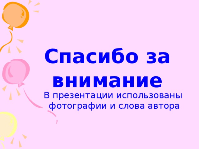 Спасибо за внимание В презентации использованы фотографии и слова автора 