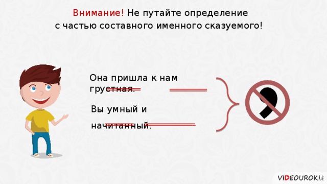 Внимание! Не путайте определение с частью составного именного сказуемого! Она пришла к нам грустная. Вы умный и начитанный. 4 