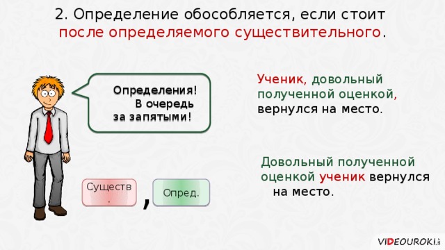 2. Определение обособляется, если стоит после определяемого существительного . Существ. Опред. , Определения! В очередь за запятыми! Ученик, довольный полученной оценкой , вернулся на место. Довольный полученной оценкой ученик вернулся на место. 4 