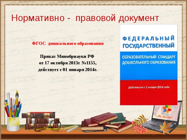 Нормативно - правовой документ  ФГОС дошкольного образования  Приказ Минобрнауки РФ от 17 октября 2013г №1155,  действует с 01 января 2014г. 
