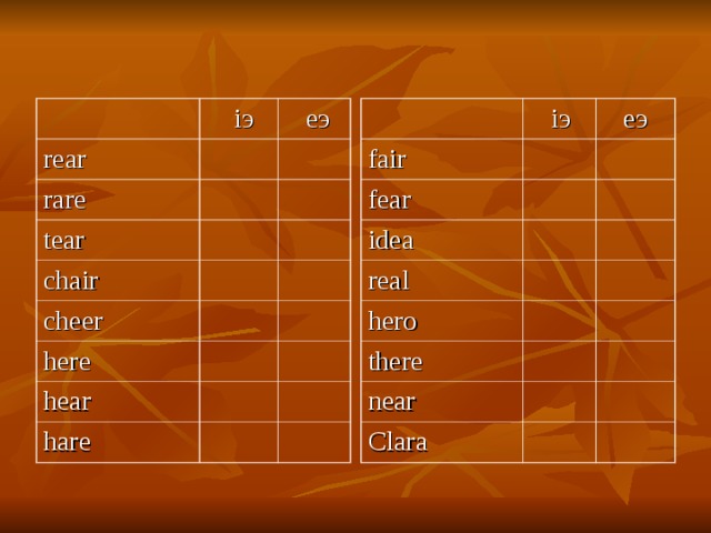  i э fair  i э rear rare  e э fear  еэ idea tear chair real cheer hero here there hear near hare Clara 