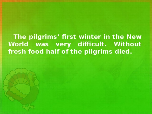 The pilgrims’ first winter in the New World was very difficult. Without fresh food half of the pilgrims died. 