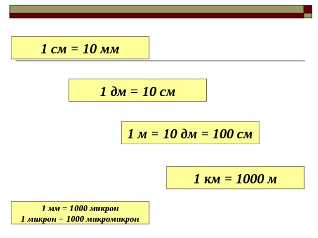 1 см = 10 мм 1 дм = 10 см 1 м = 10 дм = 100 см 1 км = 1000 м 1 мм = 1000 микрон 1 микрон = 1000 микромикрон 