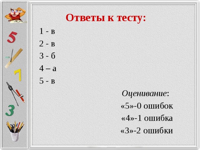 Ответы к тесту: 1 - в 2 - в 3 - б 4 – а 5 - в  Оценивание : «5»-0 ошибок «4»-1 ошибка «3»-2 ошибки 