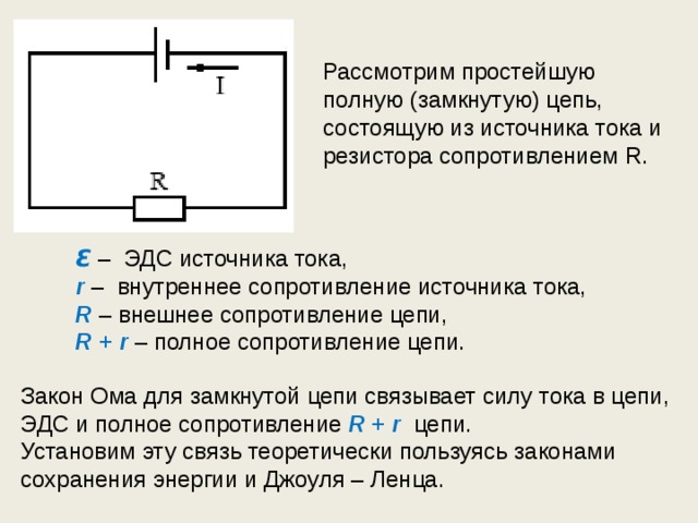 Рассмотрим простейшую полную (замкнутую) цепь, состоящую из источника тока и резистора сопротивлением R . Ɛ  – ЭДС источника тока,  r  – внутреннее сопротивление источника тока, R – внешнее сопротивление цепи, R + r  – полное сопротивление цепи.  Закон Ома для замкнутой цепи связывает силу тока в цепи, ЭДС и полное сопротивление R + r  цепи. Установим эту связь теоретически пользуясь законами сохранения энергии и Джоуля – Ленца. 