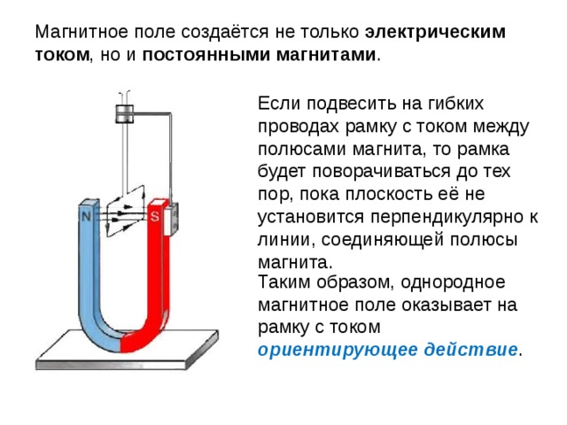 Магнитное поле создаётся не только электрическим током , но и постоянными магнитами . Если подвесить на гибких проводах рамку с током между полюсами магнита, то рамка будет поворачиваться до тех пор, пока плоскость её не установится перпендикулярно к линии, соединяющей полюсы магнита. Таким образом, однородное магнитное поле оказывает на рамку с током ориентирующее действие . 