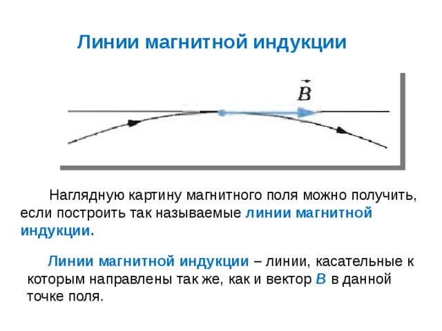 Линии магнитной индукции  Наглядную картину магнитного поля можно получить, если построить так называемые линии магнитной индукции.  Линии магнитной индукции – линии, касательные к которым направлены так же, как и вектор  В  в данной точке поля. 