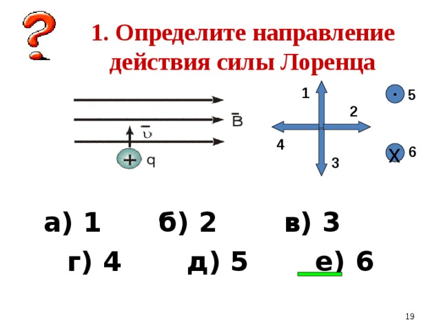    1. Определите направление действия силы Лоренца 1  5 ▪ 2 4 6 х 3 а) 1 б) 2 в) 3 г) 4 д) 5 е) 6   