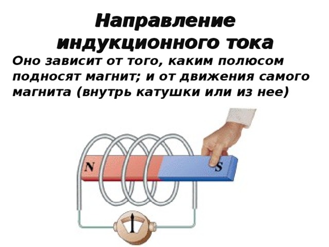 Направление индукционного тока Оно зависит от того, каким полюсом подносят магнит; и от движения самого магнита (внутрь катушки или из нее)  