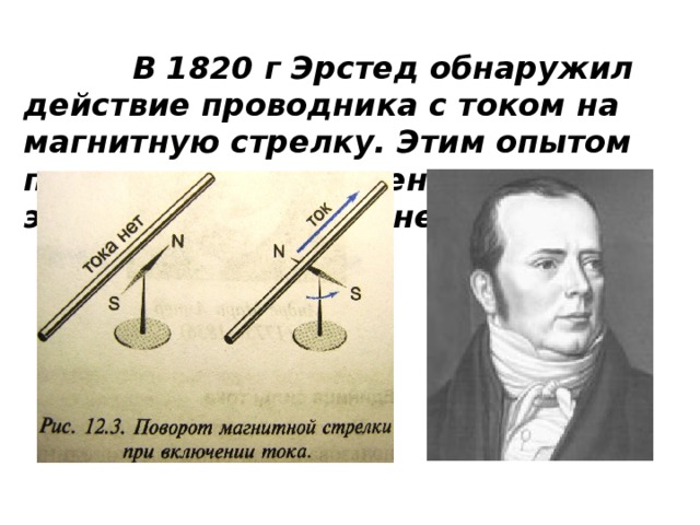  В 1820 г Эрстед обнаружил действие проводника с током на магнитную стрелку. Этим опытом показали «превращение электричества в магнетизм».    