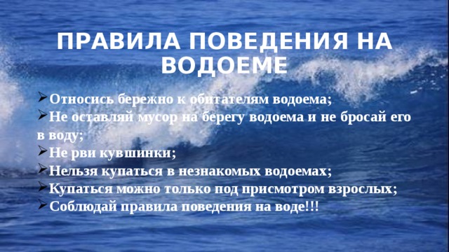 Правила поведения на водоеме Относись бережно к обитателям водоема; Не оставляй мусор на берегу водоема и не бросай его в воду; Не рви кувшинки; Нельзя купаться в незнакомых водоемах; Купаться можно только под присмотром взрослых; Соблюдай правила поведения на воде!!! 