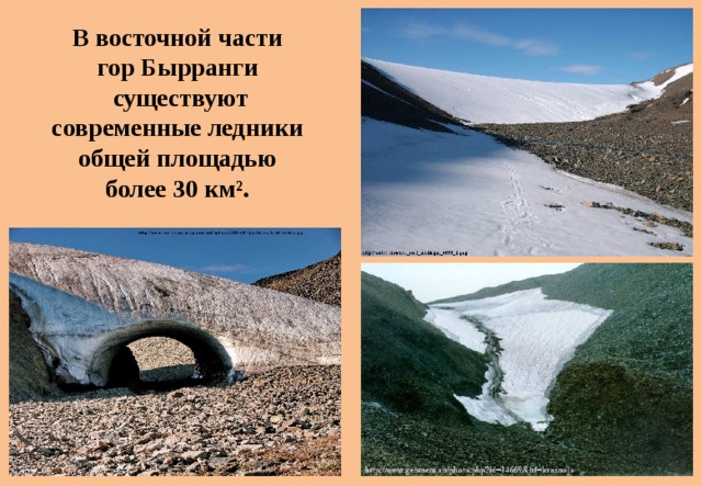 В восточной части гор Бырранги существуют современные ледники  общей площадью более 30 км². 