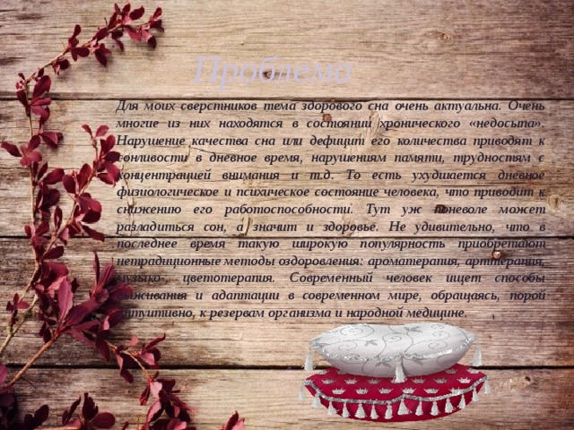 Проблема  Для моих сверстников тема здорового сна очень актуальна. Очень многие из них находятся в состоянии хронического «недосыпа». Нарушение качества сна или дефицит его количества приводят к сонливости в дневное время, нарушениям памяти, трудностям с концентрацией внимания и т.д. То есть ухудшается дневное физиологическое и психическое состояние человека, что приводит к снижению его работоспособности. Тут уж поневоле может разладиться сон, а значит и здоровье. Не удивительно, что в последнее время такую широкую популярность приобретают нетрадиционные методы оздоровления: ароматерапия, арттерапия, музыко-, цветотерапия. Современный человек ищет способы выживания и адаптации в современном мире, обращаясь, порой интуитивно, к резервам организма и народной медицине. 
