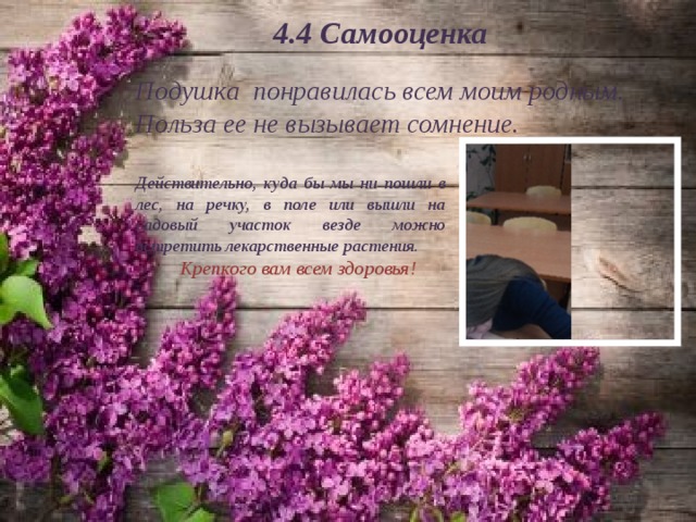 4.4 Самооценка Подушка понравилась всем моим родным. Польза ее не вызывает сомнение. Действительно, куда бы мы ни пошли в лес, на речку, в поле или вышли на садовый участок везде можно встретить лекарственные растения.  Крепкого вам всем здоровья! 