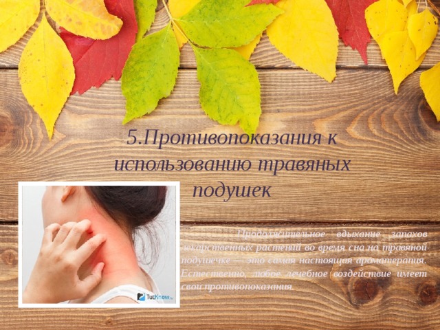 5.Противопоказания к использованию травяных подушек  Продолжительное вдыхание запахов лекарственных растений во время сна на травяной подушечке — это самая настоящая ароматерапия. Естественно, любое лечебное воздействие имеет свои противопоказания. 