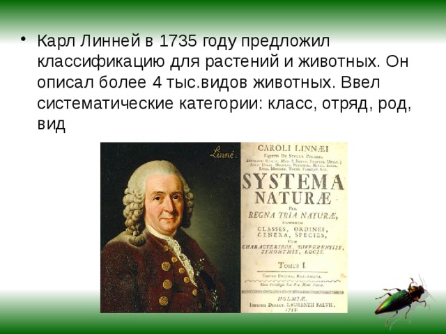 Карл Линней в 1735 году предложил классификацию для растений и животных. Он описал более 4 тыс.видов животных. Ввел систематические категории: класс, отряд, род, вид 